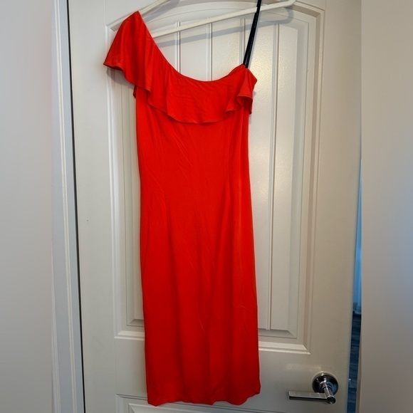 David Meister One Shoulder Buckle Ruffle Stretch Rayon Jersey Dress - Picture 8 of 8